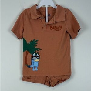 Bluey Boys' 5T Polo Shirt/Shorts Outfit Orange Palm Trees Summer Vacation